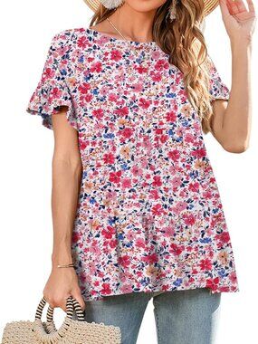 Women's magenta Ruffle Short Sleeves Blouses Tunics Crewneck Loose Casual Top